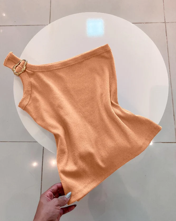 ผู้หญิงแฟชั่นฤดูใบไม้ผลิฤดูร้อนหนึ่งไหล่ Goldren Decor Casual SLIM FIT Ribbed TOP ง่ายเดินทางเซ็กซี่ Elegant TOP