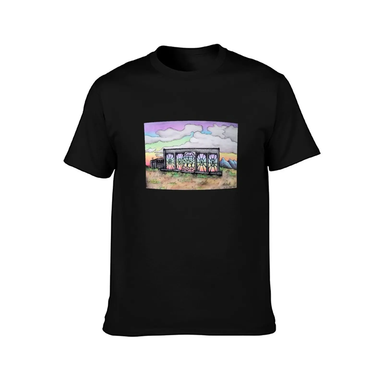 Earthship Rainbow Evening Sky Taos New Mexico Original Watercolor and Marker Art T-Shirt Simple Casual Short Sleeve Tee