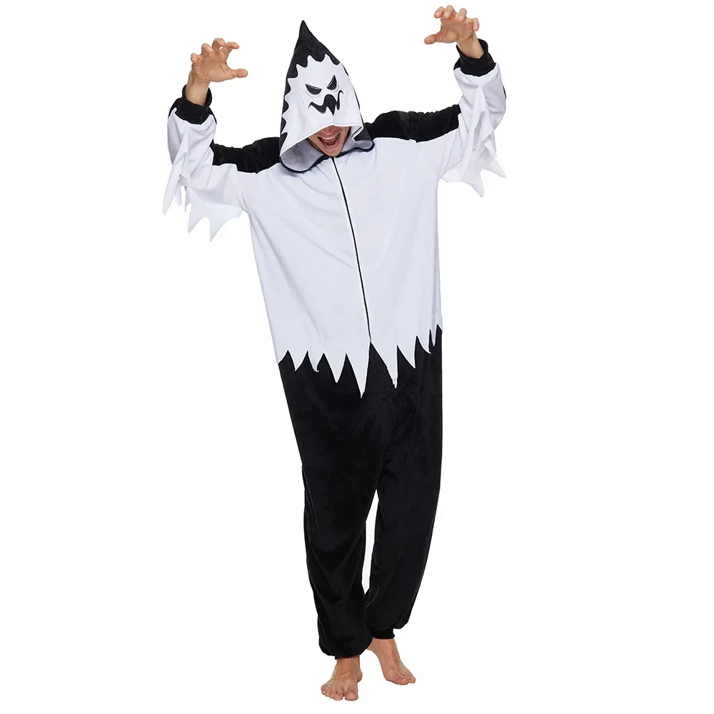 Men Onesies Hooded Women Jumpsuits Sleepwear Adult White Ghost Cosplay Pajamas Halloween Role Play Costume Carnival Fancy Dress