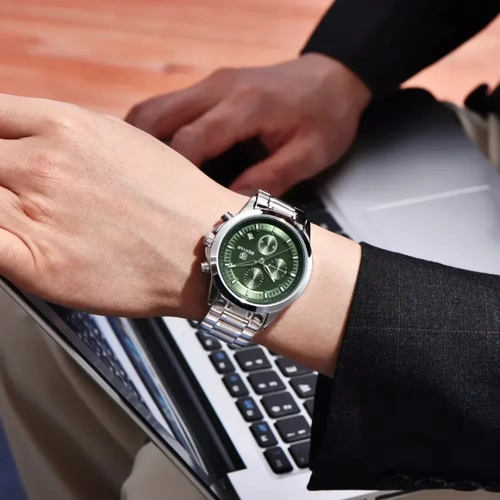 BENYAR 2025 جديد أزياء الرجال 42 مللي متر الهاتفي ساعة كوارتز الفولاذ المقاوم للصدأ توقيت رمز التقويم ضوء الليل 5bar مقاوم للماء reloj hombre