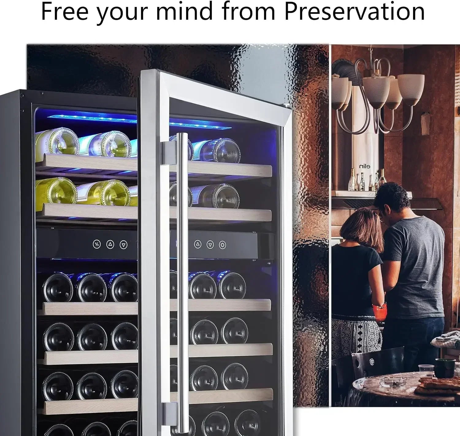 Kalamera 24 inch Wine Cooler, 46 Bottle - Dual Zone Built-in or Freestanding Fridge with Stainless Steel Reversible Glass Door