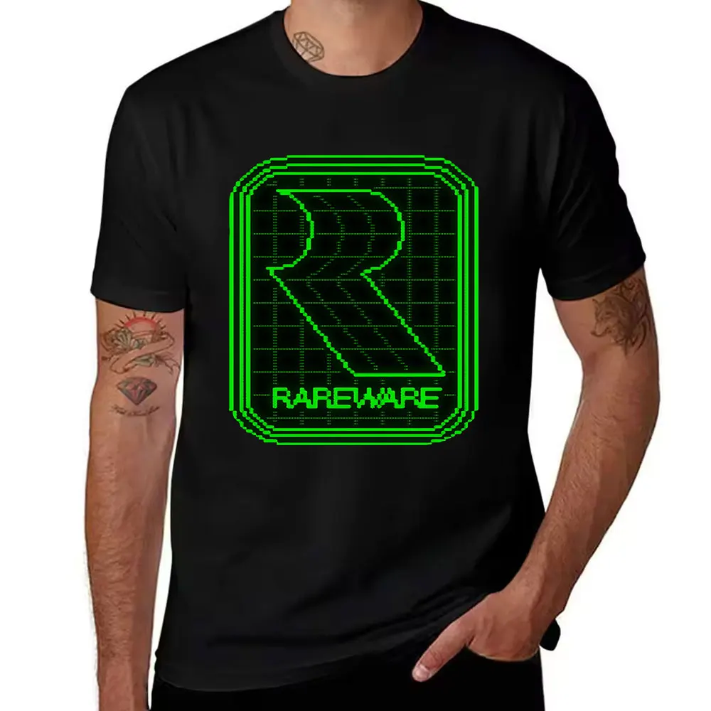 Men's Cotton Short Sleeve T-Shirt, Retro Pixel Style Rareware Logo Print, Casual Gaming Themed Tee for Daily Wear & Game Fans