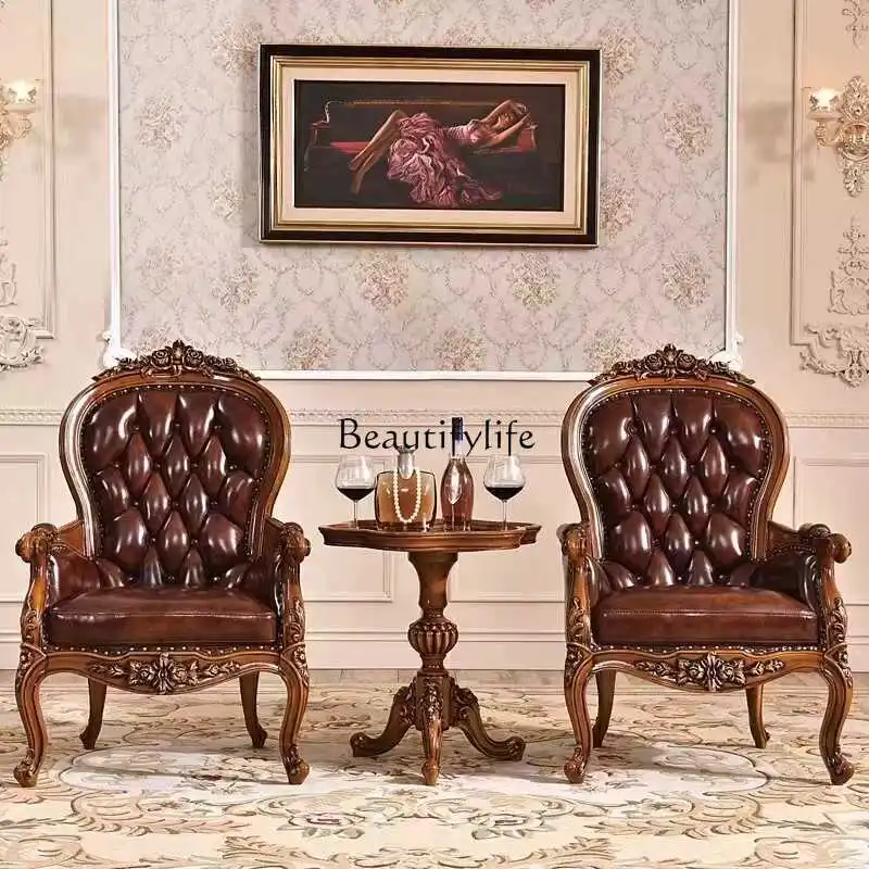 

All solid wood leather single sofa chair luxury living room leisure chair