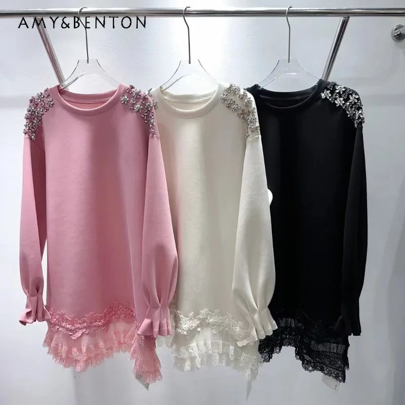 

Sweet Cute Fashion Popular Splicing Lace Hem Flower Diamond T-shirt Sweatshirts Women's Medium And Long Top Hoodies Pullovers