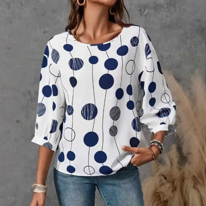 

Простая женская рубашка с круглым вырезом и рукавом три четверти, с простым узором, для весны и лета, новинка