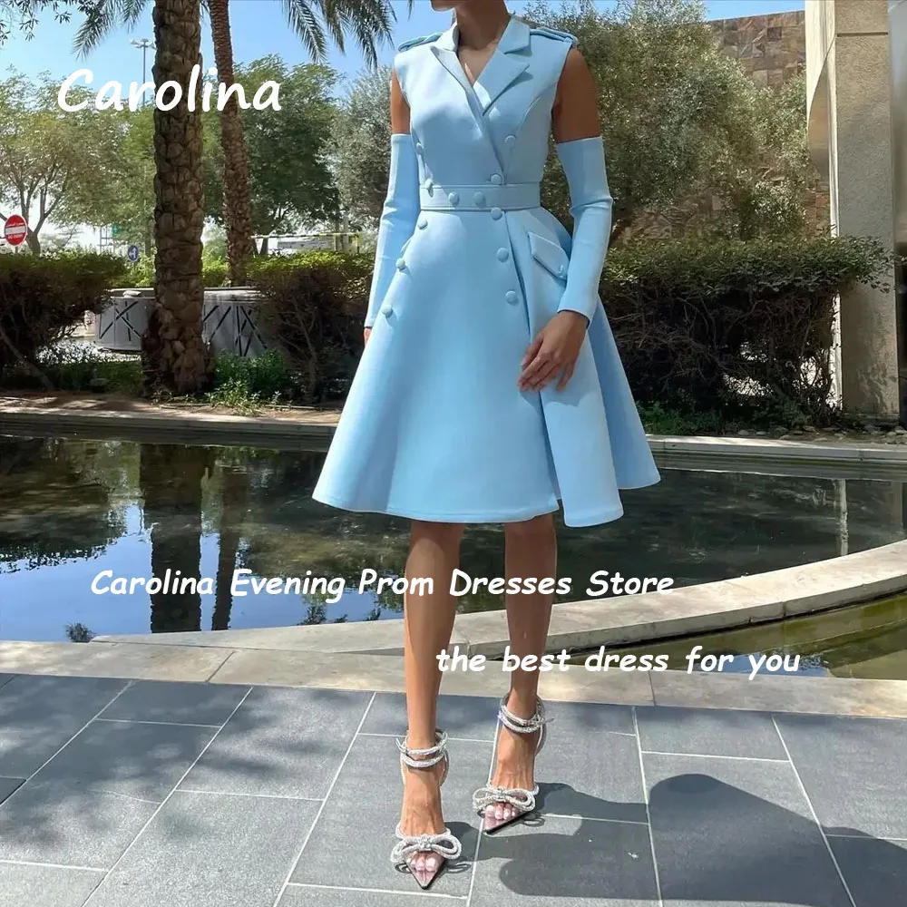 Carolina Blue V-Neck A-LINE Evening Dress Saudi Arabia 2024 Slim Crepe Long Sleeve Knee-Length Prom Dress