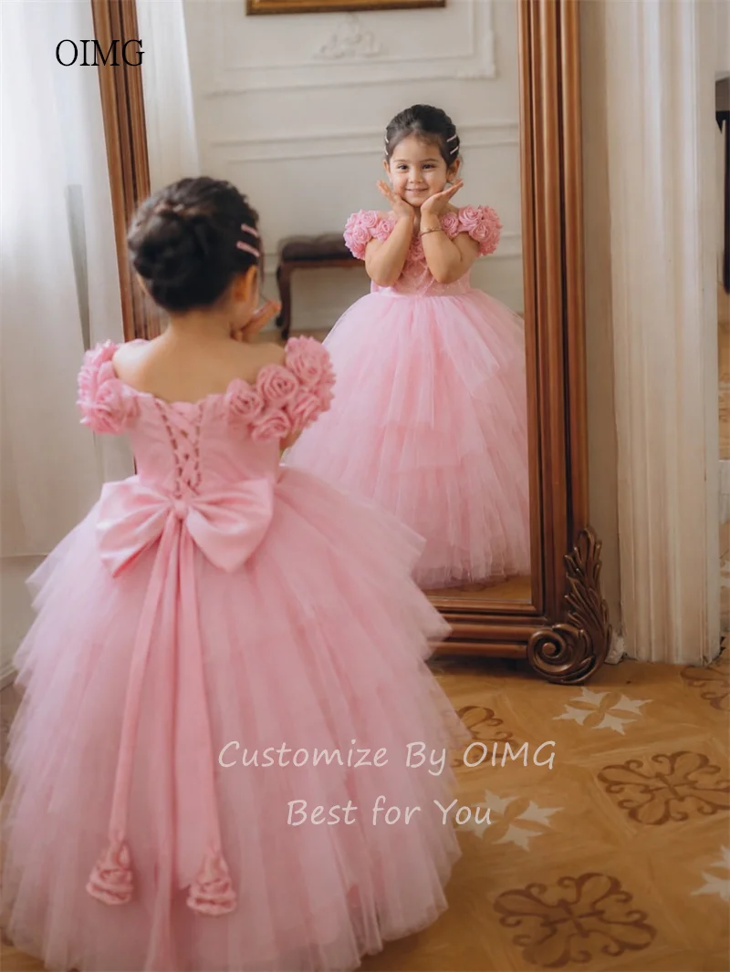 OIMG Pink Off The Shoulder 3D Flower Girl Dresses Bow Back Multi-layer Birthday Wedding Gown Floor Length Party Dress Customized