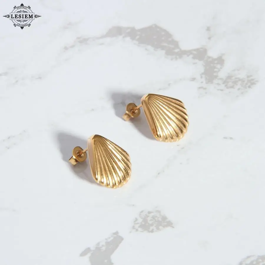 LESIEM Xmas Gift 18KGP Gold plated female fresh sina shell striped pendant necklace earrings women earrings Wholesale