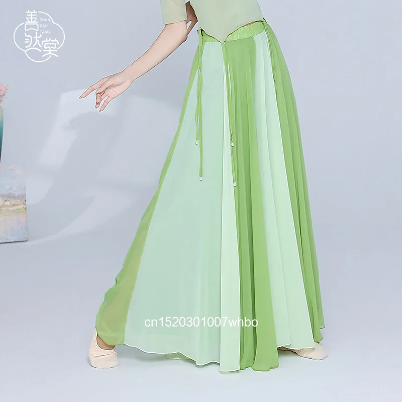 

Китайские классические этнические элегантные двухслойные шифоновые широкие брюки, спортивные брюки, классические танцевальные костюмы, брюки с дымчатыми волнами