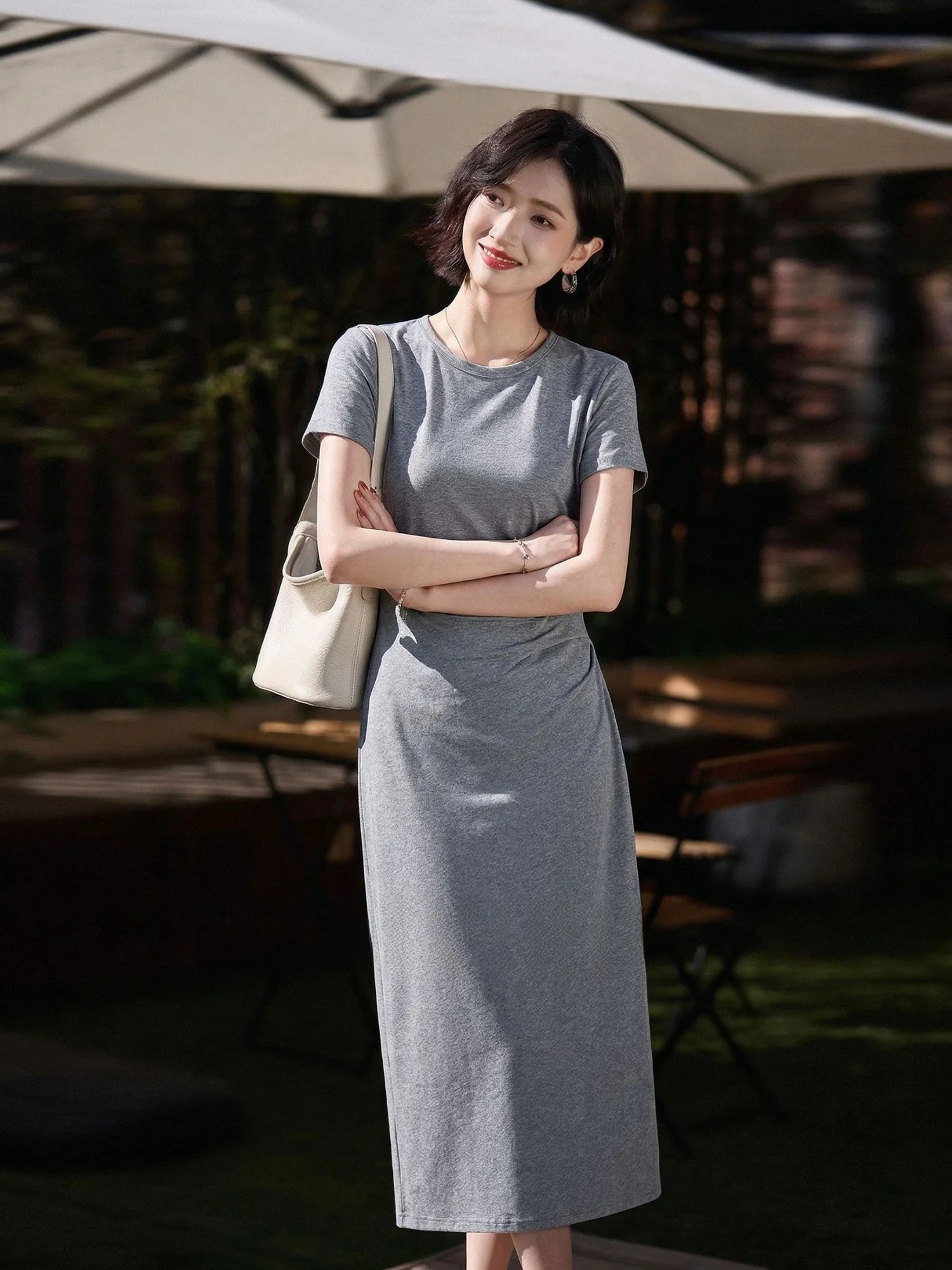 

Chivirin Summer Slim Fit Short Sleeve Dress Women's Fashionable Casual Cotton Dress Comfortable Loose Style City Commute