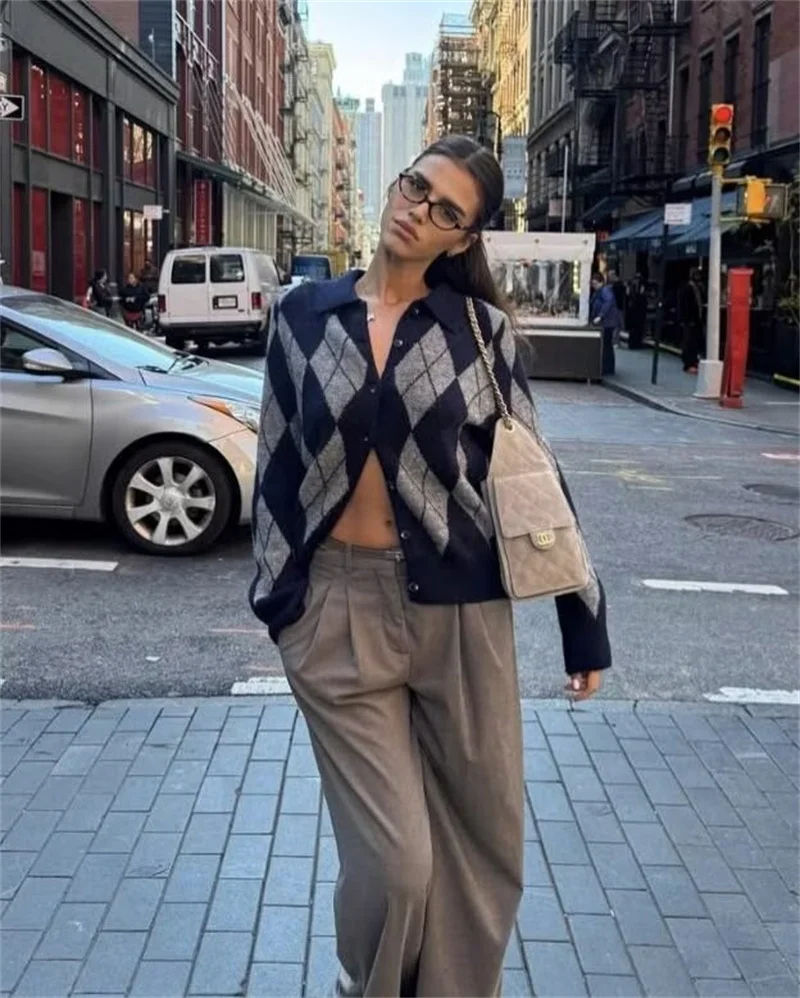 Guobioziy 2026 Women's Jacket Autumn New Style Diamond Pattern Long-Sleeve College-Style Knit Cardigan Jacket Casual Simple