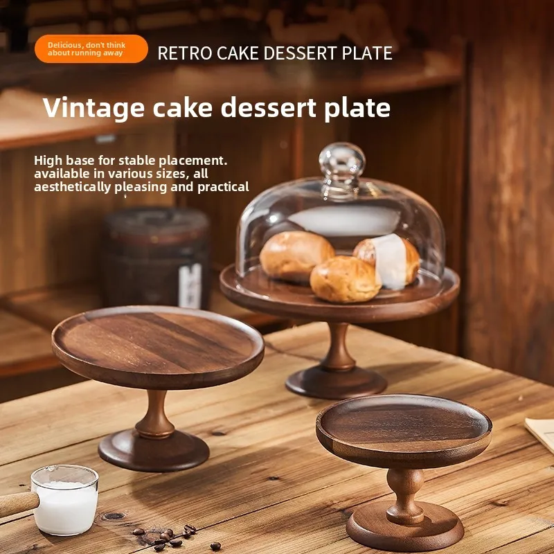 Medieval wooden tall cake plate bread dessert fruit plate 2026 with lid glass cover ornament tea snack plate