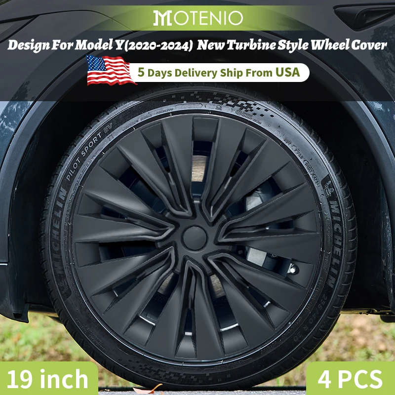 4PCS Hubcap for Model Y 2020-2024 19 Inch New Turbine Style Silver Black Cover Hub Cap Replacement Wheel Cap Design for Tesla