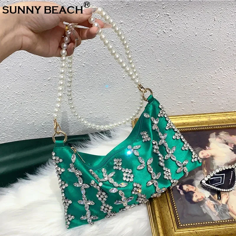 

Fashion Pearls Beaded Diamonds Evening Clutch Bag Phone Purse Crossbody Satin Messenger Wedding Party Women Prom Day Shoulder