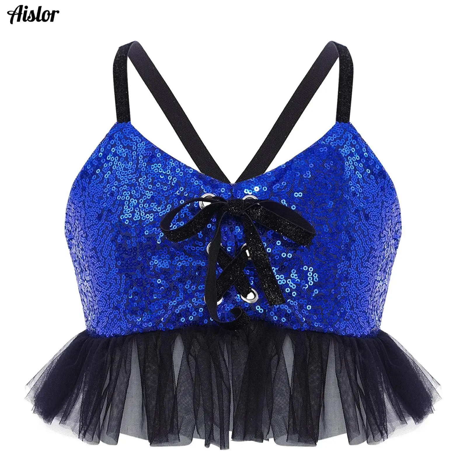 

Kids Girls Camisole Top Jazz Latin Dance Performance Costume Glittery Sequins Spaghetti Straps Tulle Ruffles Crop Top Dancewear