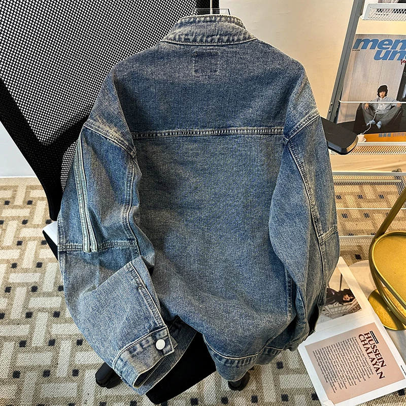 Retro American Double-Barrel Men's Jeans Jacket Loose Casual Washed Zipper Collarless Top Spring Trendy Youth Full Sleeve