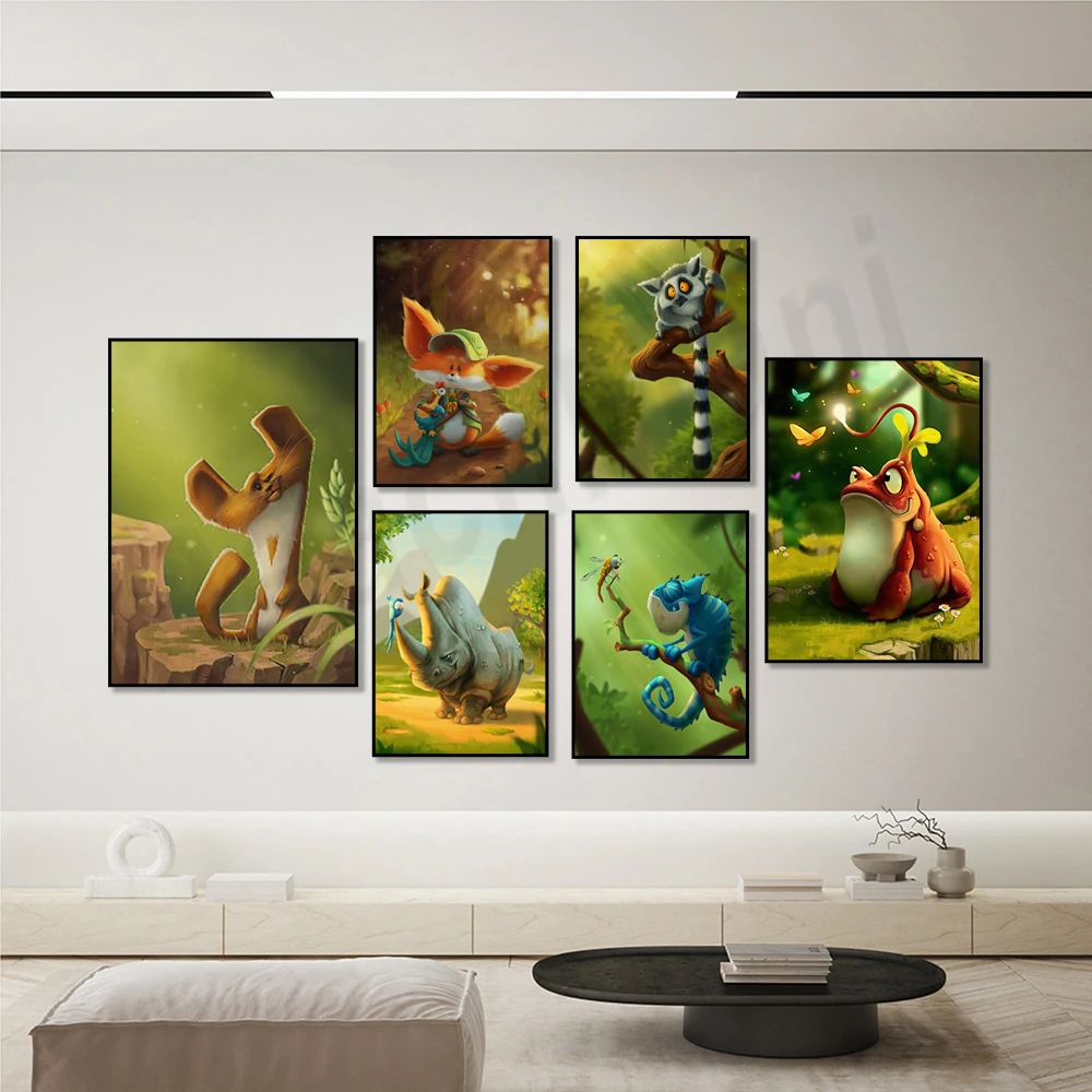 Cartoon stoat, crocodile, therizinosaur, tyrannosaurus rex, ring-tailed fox, rhinoceros, chameleon animal jungle poster print