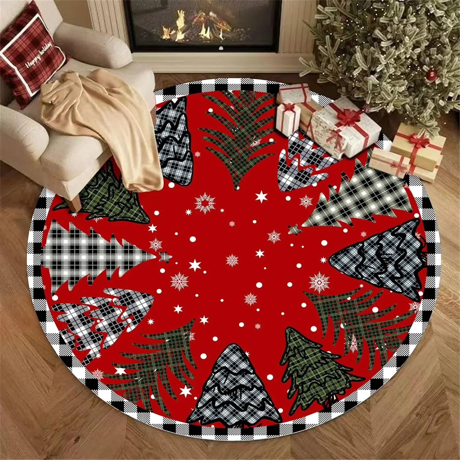 Merry Christmas Round Area Rugs Christmas Tree Red Plaid Rug for Living Room Carpets, Breathable Rug for Kids Room Floor Mat