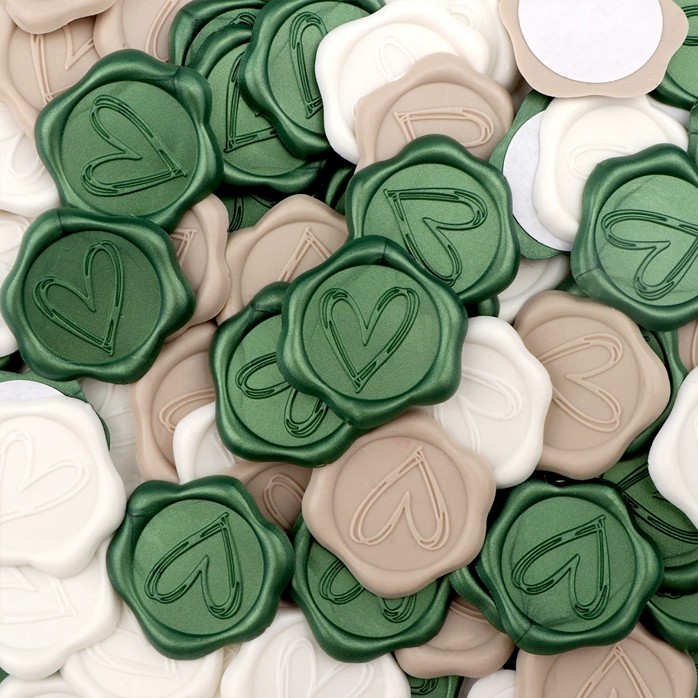 50pcs Heart Wax Seal Stickers, Envelope Seals Self Adhesive Stickers for Wedding Party Birthday Christmas(Green, Beige, White)