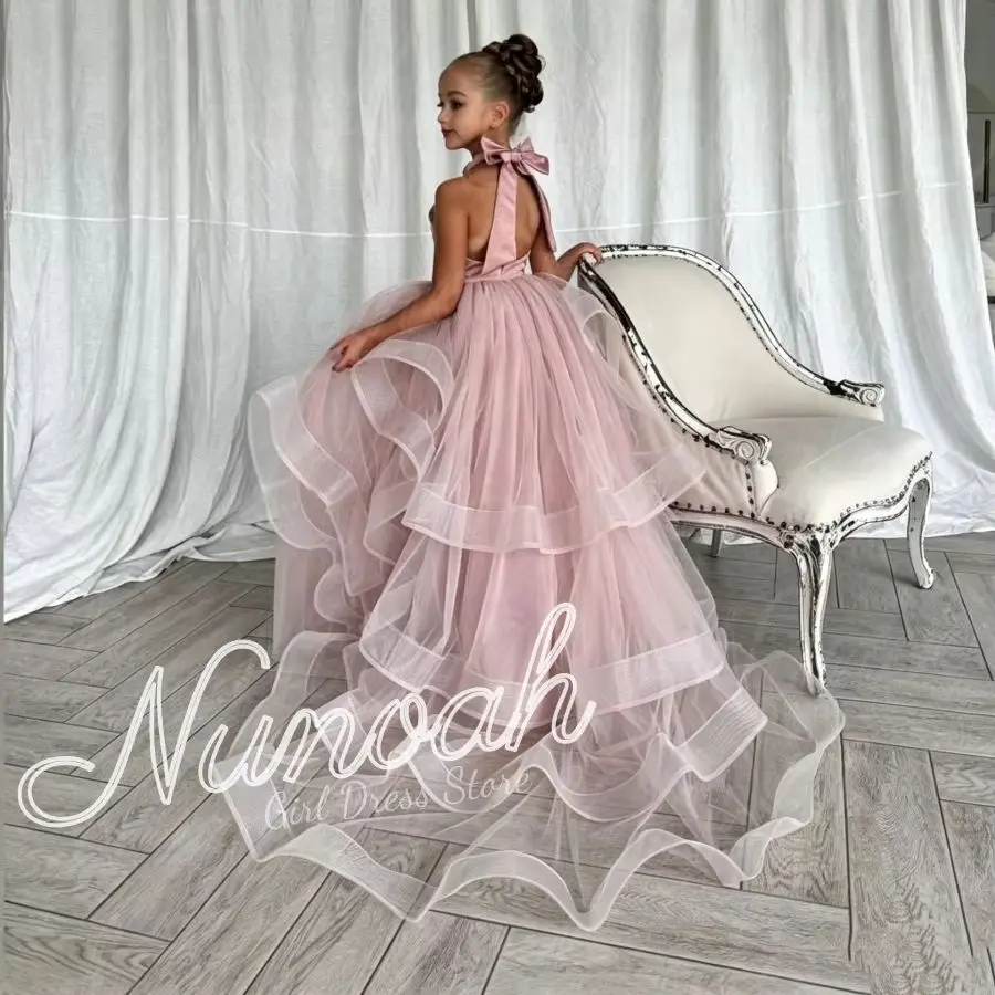 Pink Tulle Flower Girl Dress For Wedding with Trail Bow Sleeveless Floor Length Birthday Party First Communion Gowns Customized