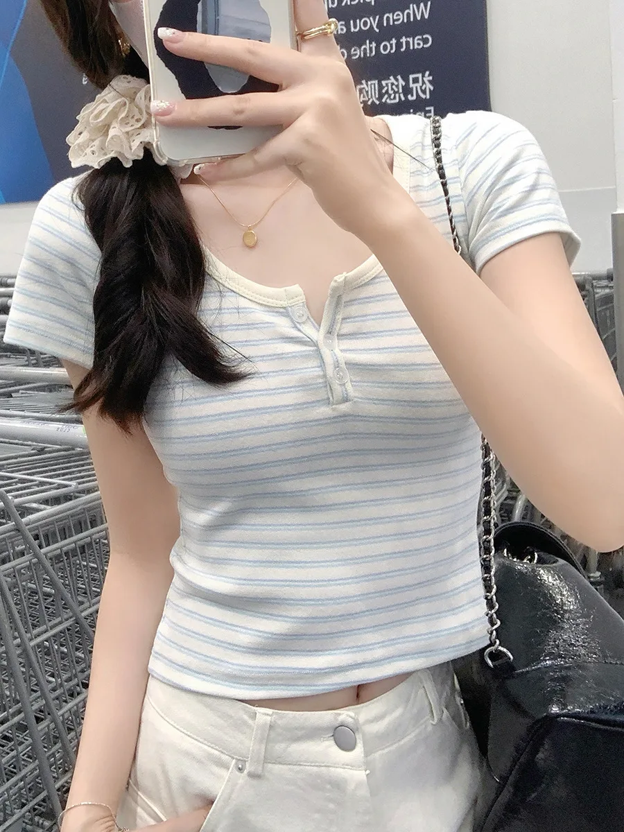 2026 Summer T Shirt Women Y2K Striped Short-Sleeved T-Shirt V-Neck Slim Fit Sexy Korean Fashion Student Tee Shirt Woman Clothes