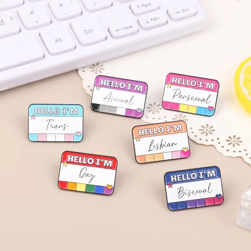 Hello I'm Enamel Pins BI Pan Asexual Trans Gay Lesbian Brooches Lapel Badges Pride Rainbow Color Dialog Box Jewelry