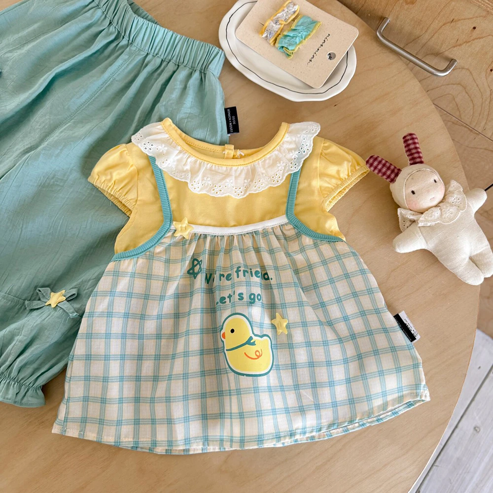 Kids Girl 2 Piece Outfit Cartoon Duck Print Lace Collar Plaid Top+Anti-Mosquito Pants 2Pcs Summer Casual Children Clothes Set