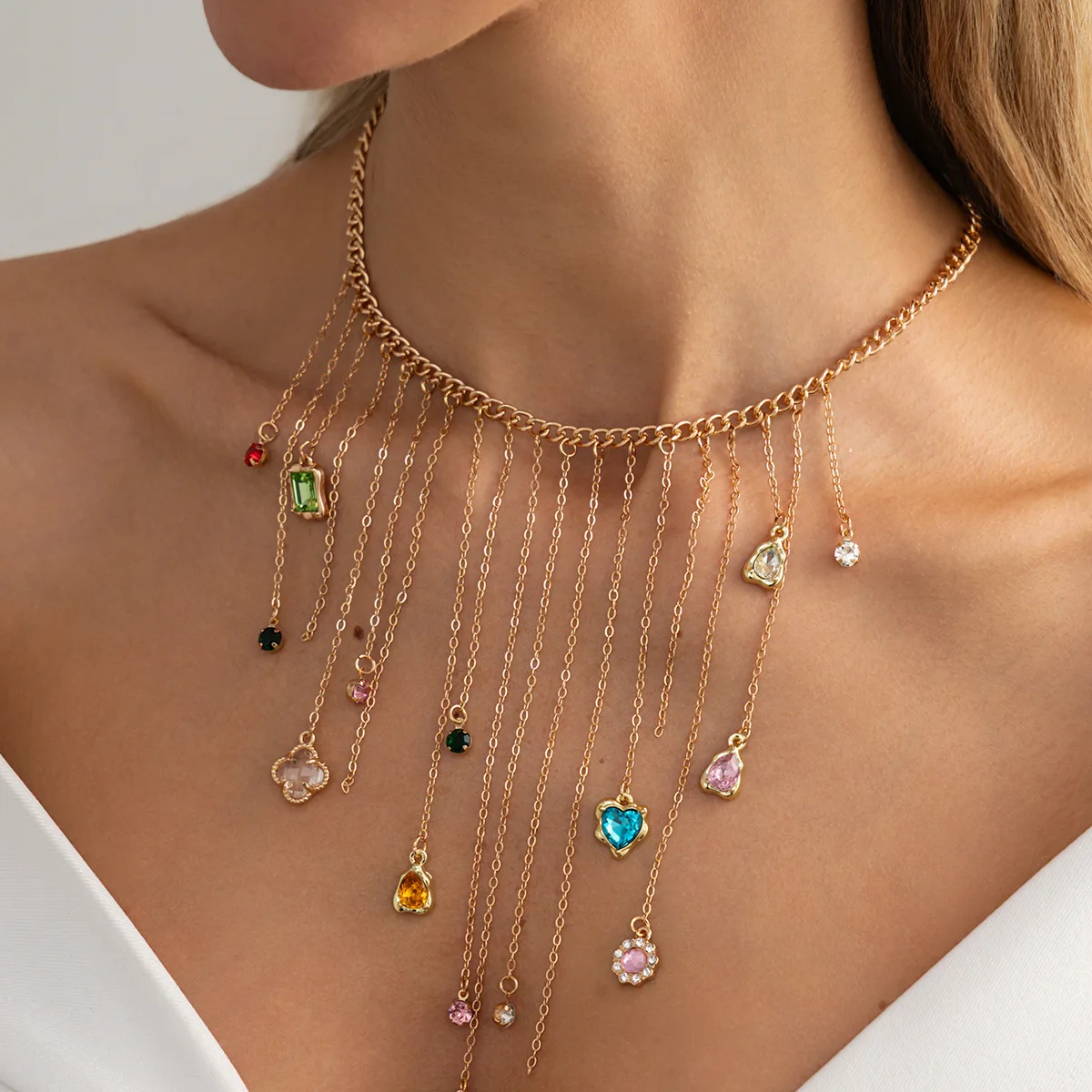 

Tassel Gemstone Necklace – Gold Multi - Chain Fringe Pendant Necklace for Women with Acrylic & Glass Gems