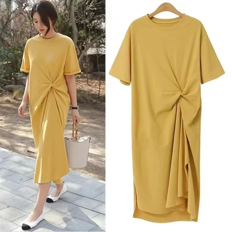 Sommer Lose T Shirt Kleid Frauen Koreanische Mode Kurzarm O Neck Split Casual Midi Lange Kleider Streetwear Weibliche Outfits Neue