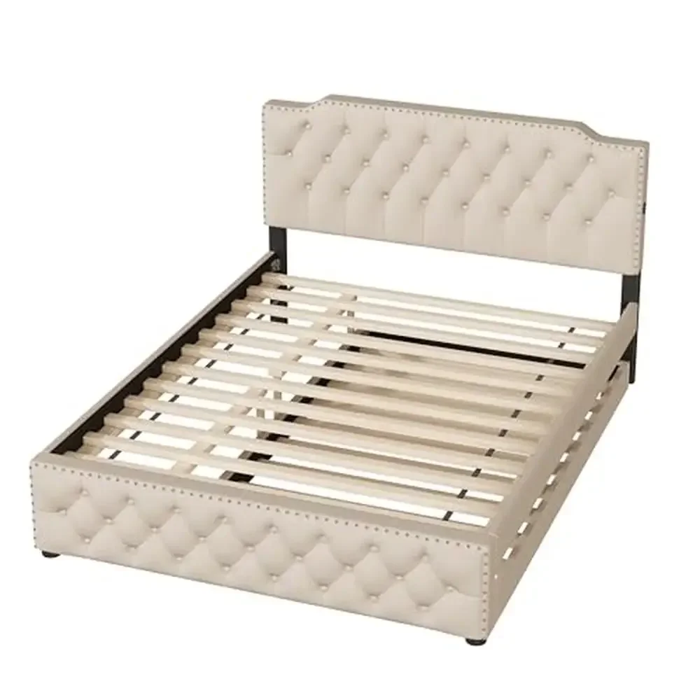 إطار سرير بمنصة منجدة كوين مع دولاب ومنافذ USB ولوح رأسي مجنح من الكتان البيج وبناء قوي وتصميم حديث #5