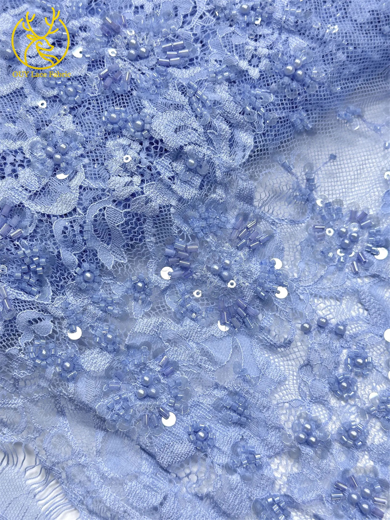 3 Meter exquisiter Perlen-Spitzenstoff, afrikanischer Spitzenstoff mit Pailletten und verstreuten Blumenstickereien zum Nähen von Brautkleidern – Detail 24