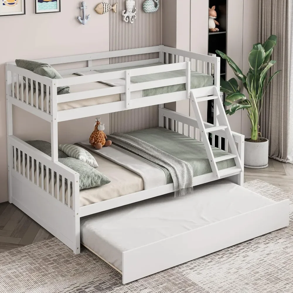 

Twin Over Full Bunk Bed with Trundle, Solid Wood Bunk Bed with Ladder and Guardrails, Convertible to 2 Beds, Triple Bunk Beds