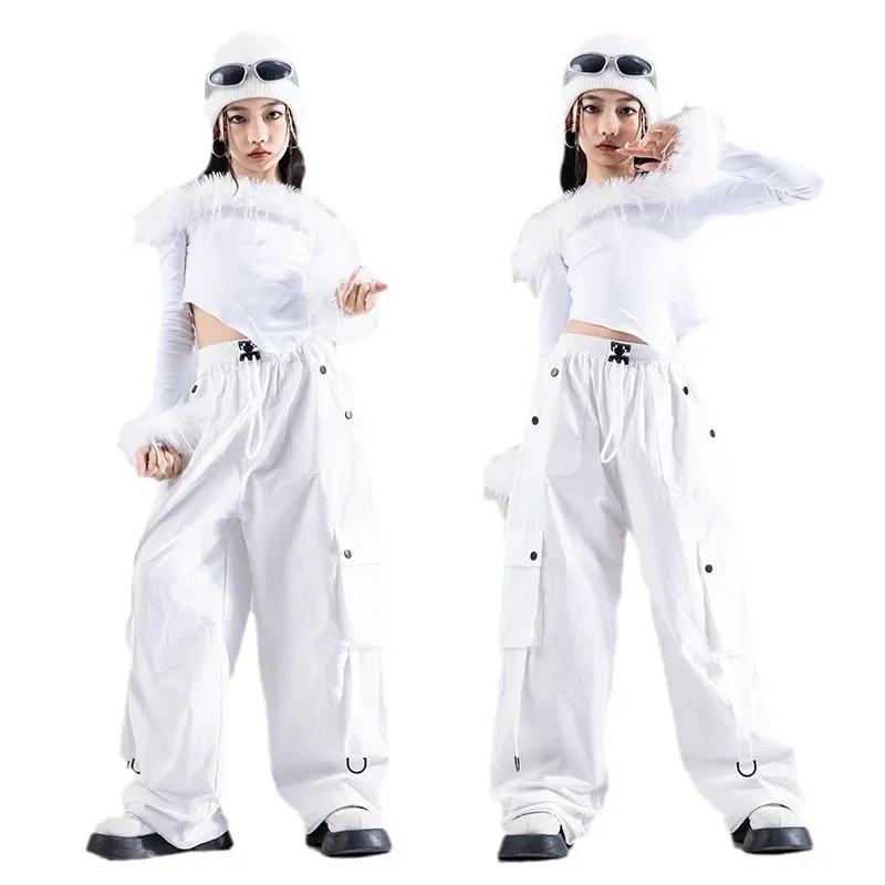 Girls Hip Hop Crop Top Cargo Pants Children K-pop Jazz Dance Skirts Kids Winter Streetwear Costume Princess Elegant Clothes Sets
