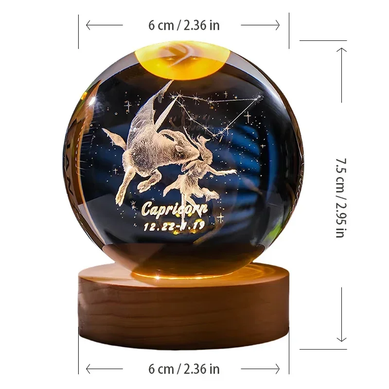 12 Constellation 3DGlass Craft Decoration Crystal Ball Laser Engraved Birthday Solar System Gift Wooden Base Home Desktop Decor