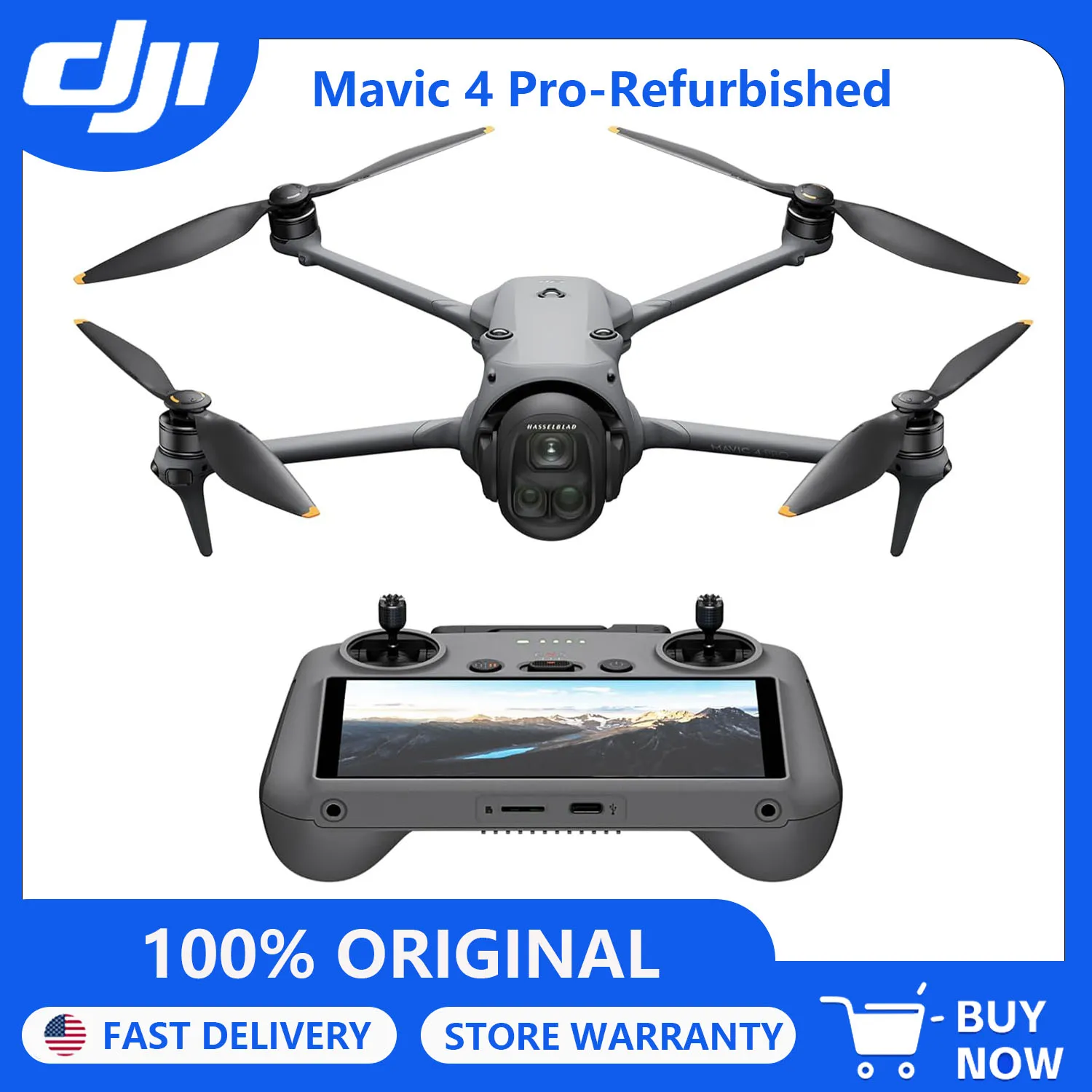 Refurbished DJI Mavic 4 Pro Flagship Tri-Camera Drone with 100MP 4/3 CMOS Hasselblad Camera, 30km/18.6mi Video Transmission, 51-Min Max Flight Time, Charging Hub, and More