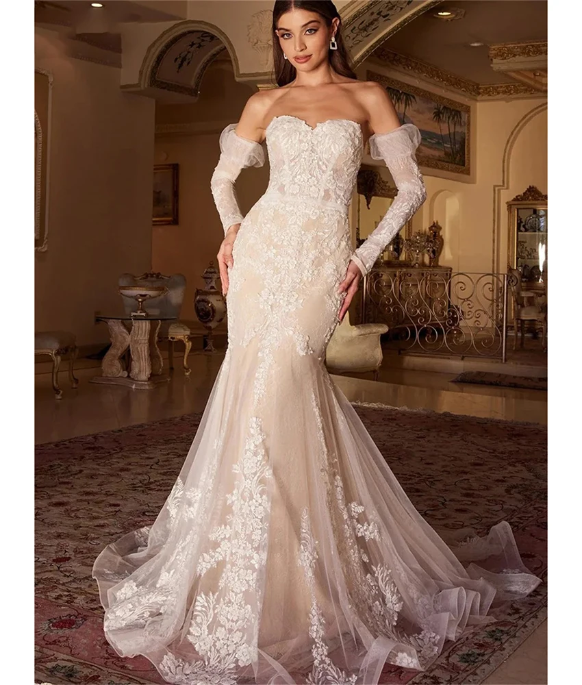 

Customized Exquisite Organza Mermaid Detachable Sleeve Appliques Evening Dress High Quality Sleeveless Sweetheart prom dresses