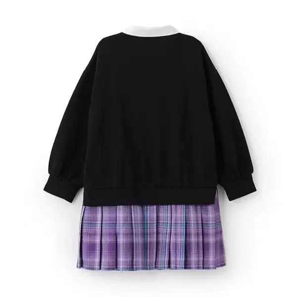 Sanrio Kuromi Long Sleeve Dress for Girls 2024 Autumn Winter Teen Kids Lapel Sweatshirt Patchwork Plaid Skirt Princess Dresses