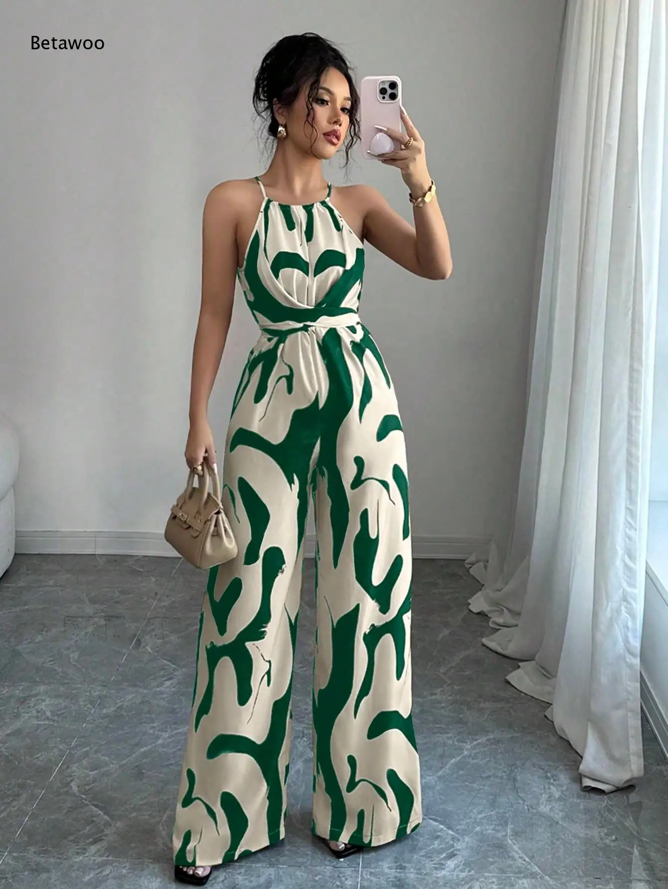 Halter Draped Bust Tie Waist Silky Wide Leg Jumpsuit Lightweight Full Length One Piece Suit for Resort Dating