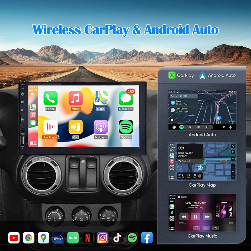 7 Inch Car Multimedia Player with HD Touch Screen, Supports CarPlay & Android Auto, Wireless FM AUX Bluetooth MirrorLink