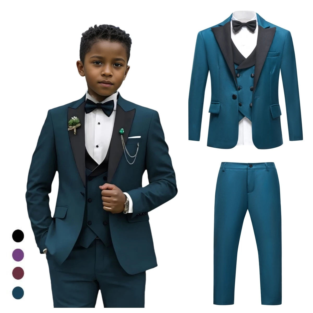 Boy's 4-Piece Formal Suit Set, Slim Fitting Blazer with Black Peak Lapel, Graduation Party Tuxedo Suits Kids Wedding Guest
