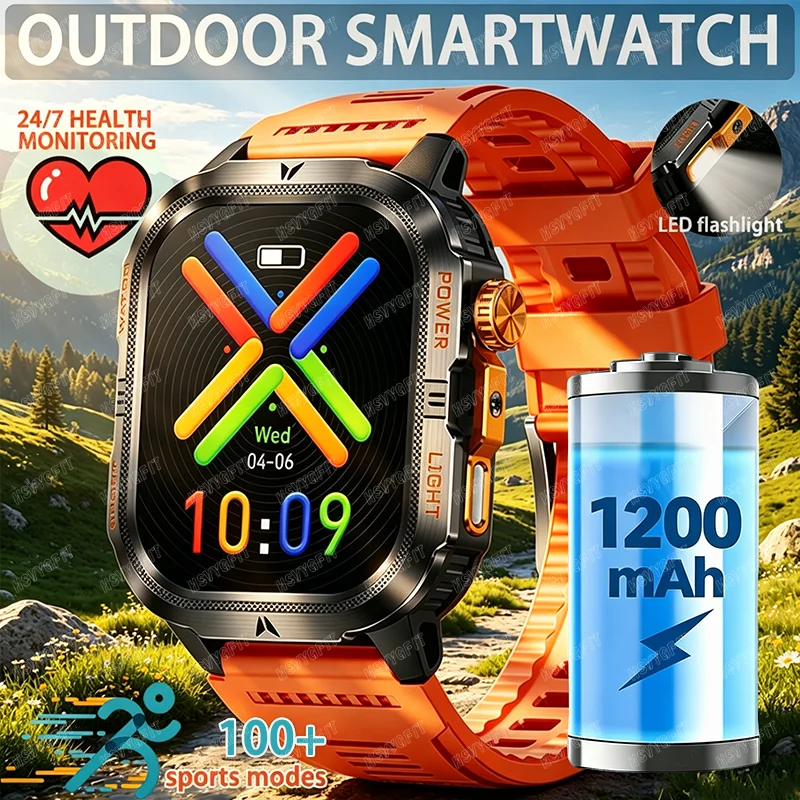

New Outdoor Rugged Military Smart Watch Men 1200mAh 2.01” HD screen Bluetooth Call IP68 Waterproof LED flashlight Smart watch
