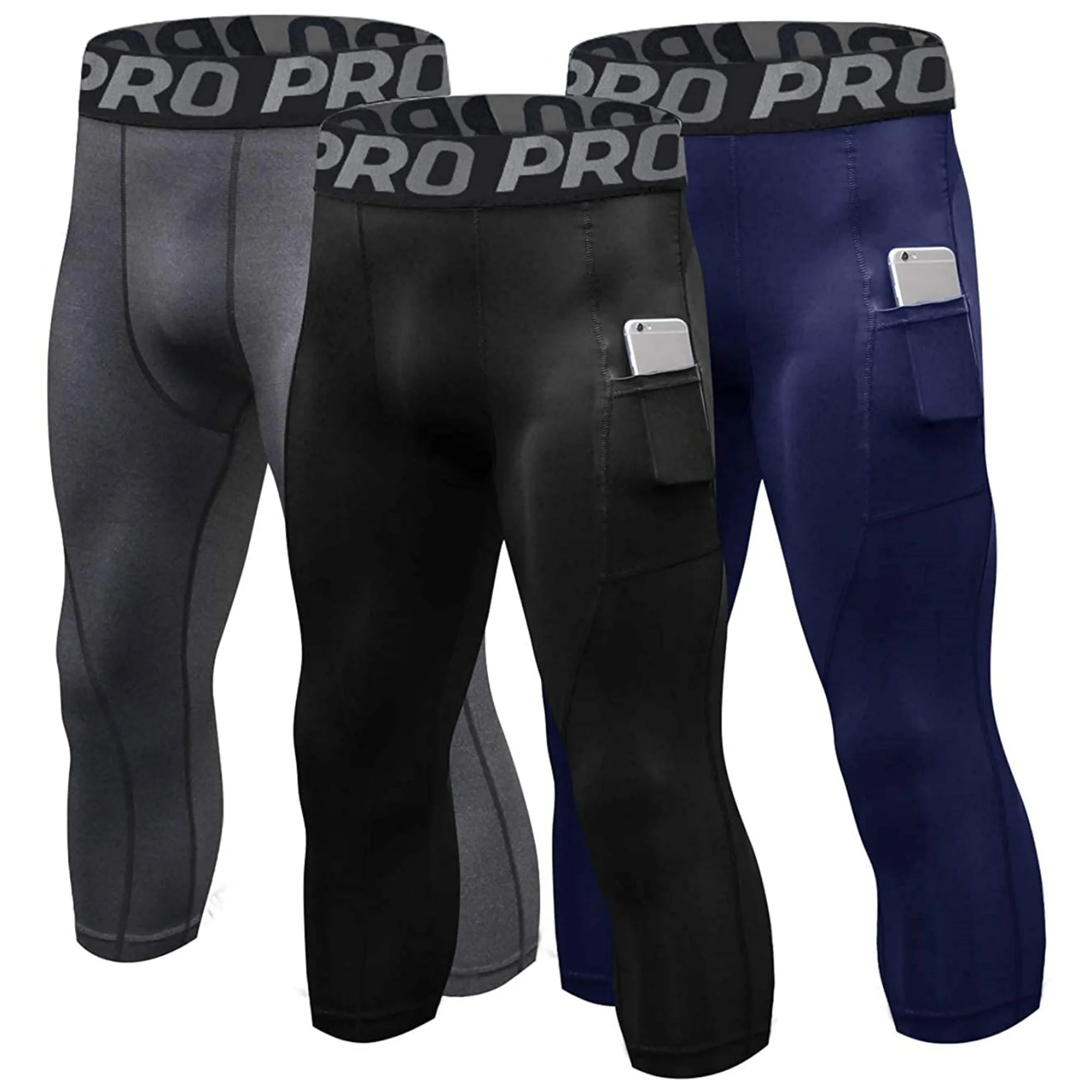 Compression Pants for Men 3/4 Capri Leggings Dry Fit Workout Running Athletic Gym Tights Bottom with Pockets