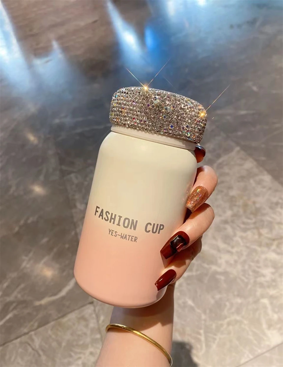 Gradient Pink Handheld Thermos Mug with Rhinestones Mug Coffee Water Bottle for Girl Friend Gift Stainless Steel Vacuum Flasks