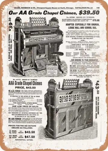 METAL SIGN - 1902 Sears Catalog Pianos Page 195 - Vintage Rusty Look