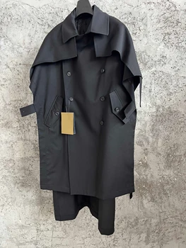 TOP-YAMAMOTO Japanese original design Dark style loose wool mixed tie double-breasted overcoat for men