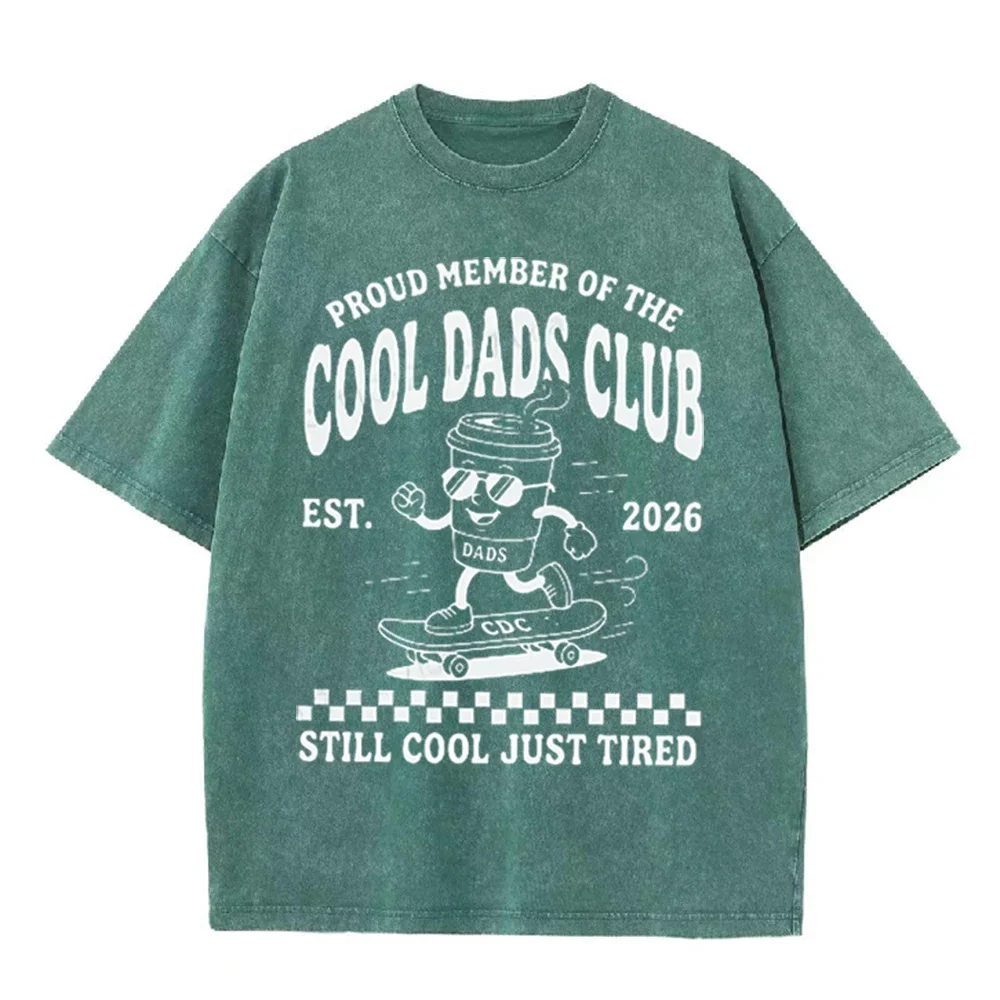 Vintage Washed Black Cool Dads Club Graphic T Shirt Coffee Cup Skateboard Cartoon Print Oversized Men Casual Short Sleeve Tee