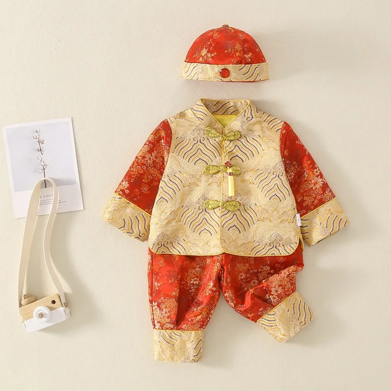 Baby Kids Tang Suit Newborn Chinese Traditional Costumes Photography Clothes Dragon Pattern Brocade Set New Year Gift Hanfu Hat