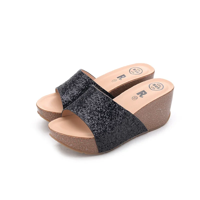 7cm High Heels, Beach Shoes Thick Bottom Platform Sandals Women Glitter Wedges Summer Sandles