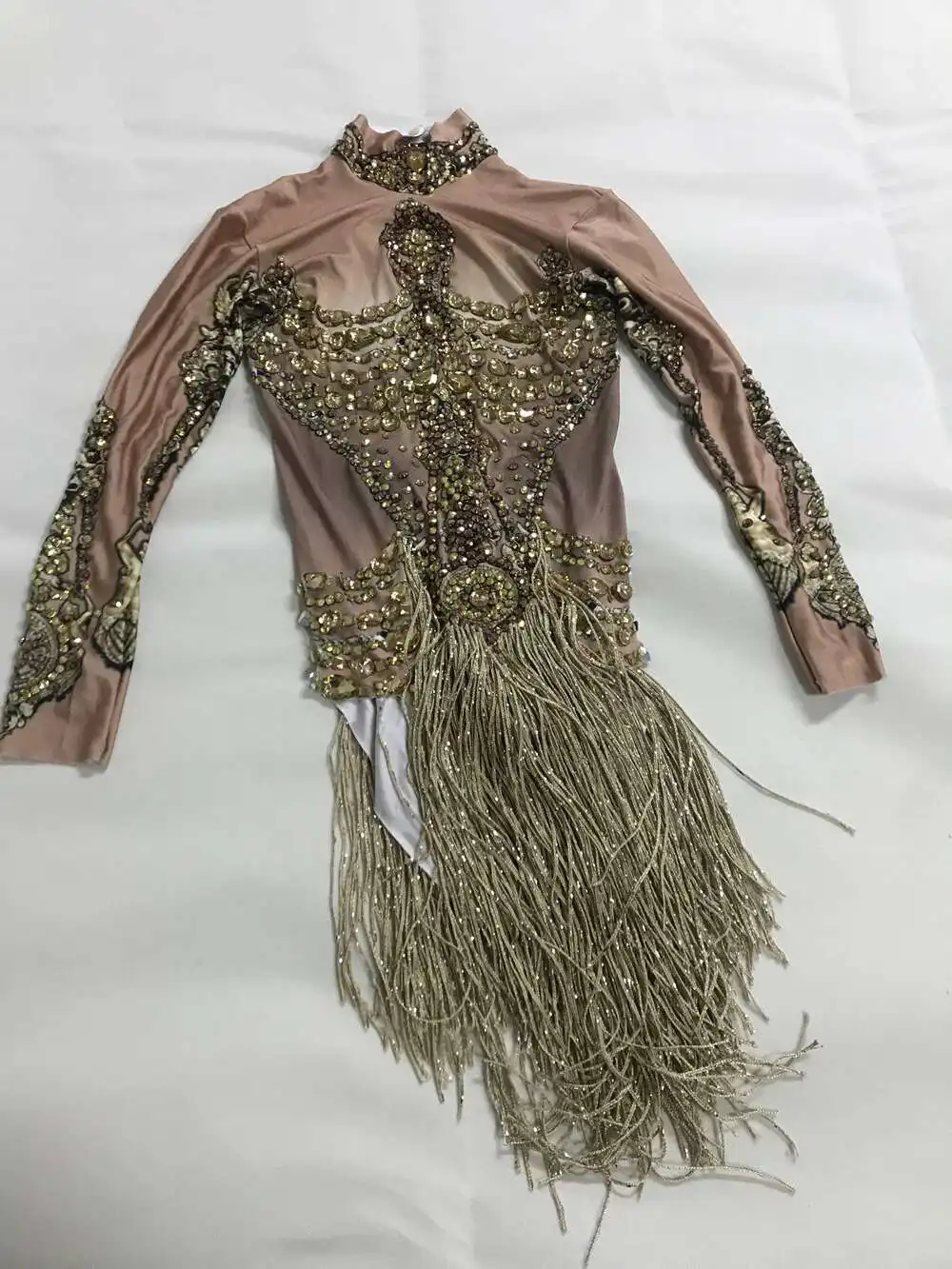 Gold Rhinestone Bodysuits Women Fringe Birthday Party Shinning Long Sleeve Tassel Dancer Gogo DJ Sparkle Drag Queen Stage Wear