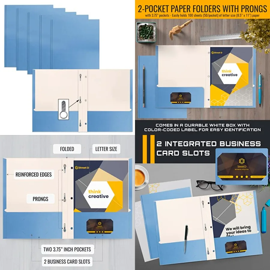 Lichtblauwe papieren mappen met tanden voor kantoorgebruik Matte textuur Letter-formaat 50-pack met 3 metalen tandbevestigingsclips Ideaal f